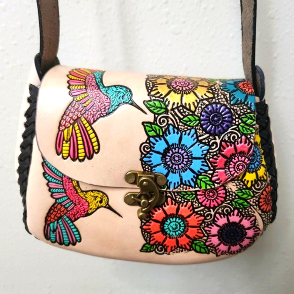 Genuine Hand-Tooled Leather Hummingbird Purse Handmade Mexican Bag